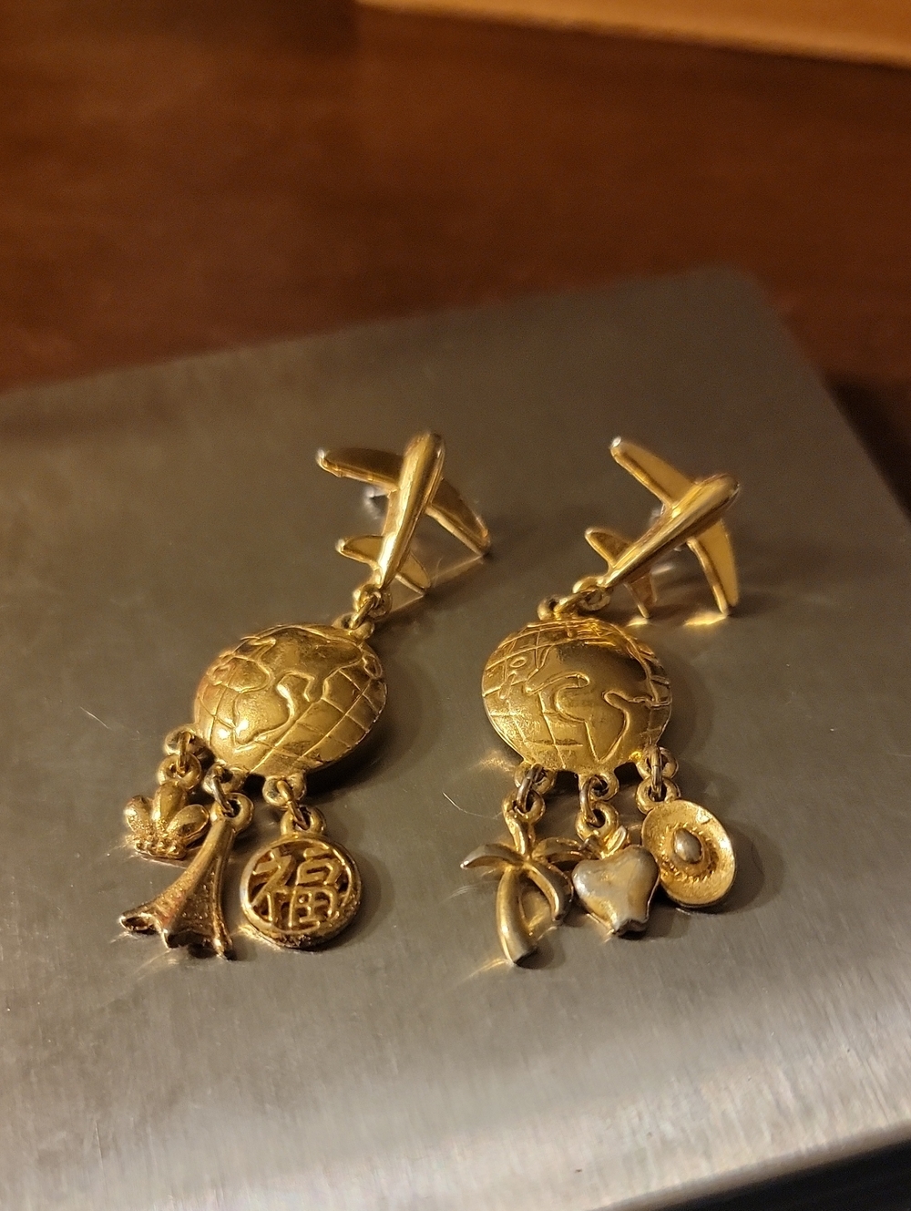 Gold Travel Globe & Airplane Charm Drop Earrings